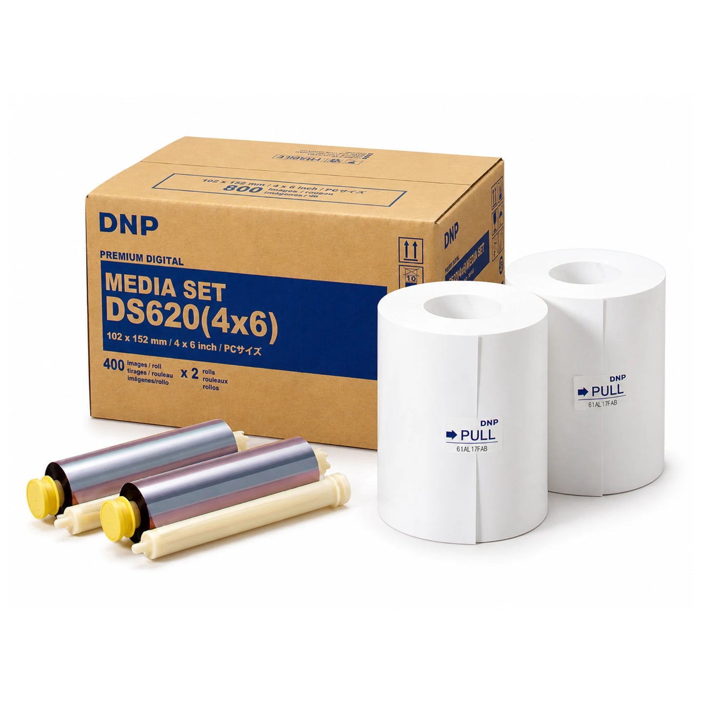 Caja de papel 10x15 de impresora DNP DS620. Contiene dos bobinas de 400 hojas cada una de ellas, 800 tiras en total