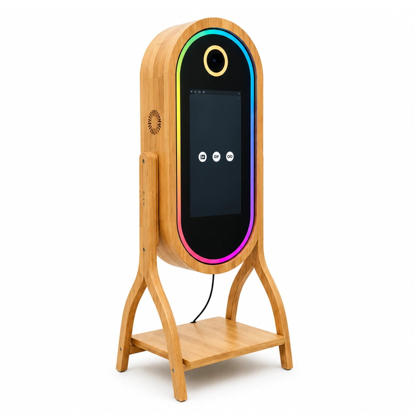 Plataforma de fotomatón con acabado en madera y diseño con espejo mágico, pantalla táctil y bandeja para impresora incluida