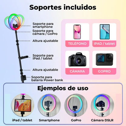 Infografía técnica de los soportes compatibles con el videomatón 360 de Grupo V3M y que se colocan en el aro de luz: teléfonos móvil como iPhone o Android, iPad y tablets, GoPro y cámaras DSLR. Ideal para eventos como bodas, comuniones, cumpleaños o fiestas de empresa.