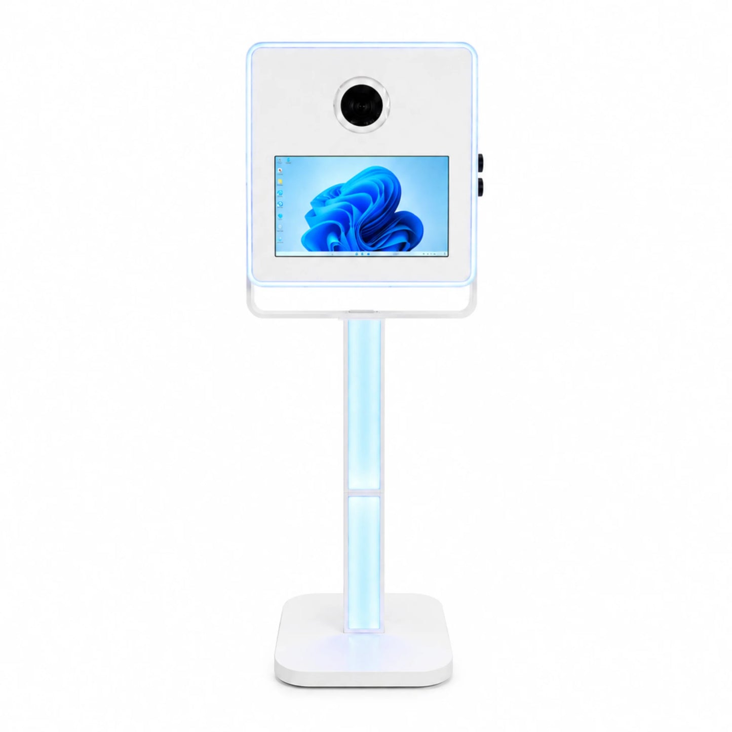 Plataforma de fotomatón Modern de color blanco con pantalla táctil integrada y diseño minimalista de Grupo V3M para venta a profesionales, wedding planners, organizadores de eventos, fotógrafos, DJs y especialistas en fiestas y bodas
