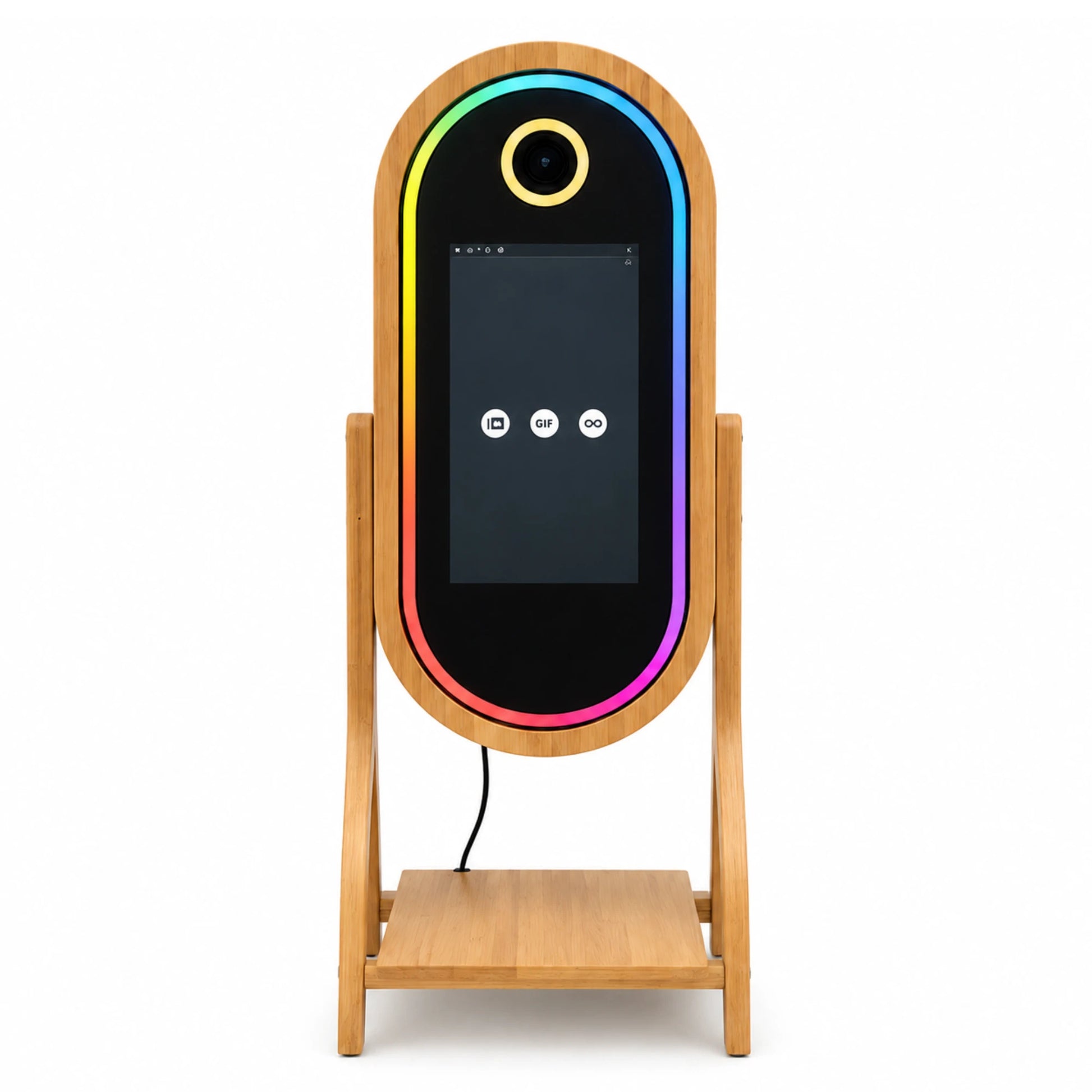 Fotomatón de madera profesional para bodas, fiestas y eventos con pantalla táctil e iluminación LED RGB con diseño vintage